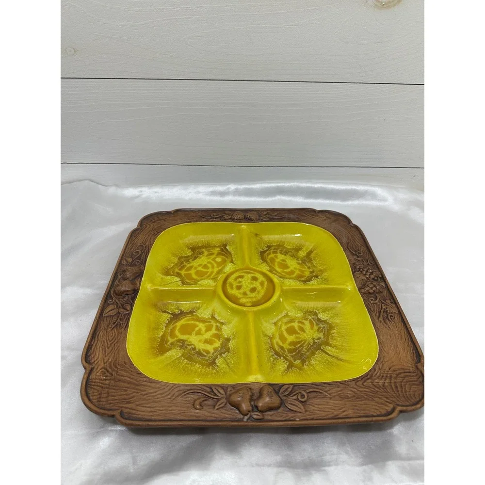 Treasure Craft‎ Divided Serving Tray Yellow Excellent Lava Glaze Fruit MCM Retro